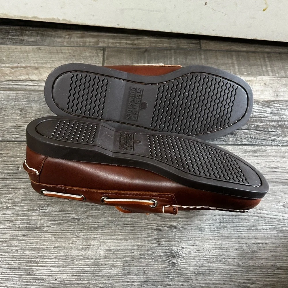 Sebago Docksiders Tie Brown Leather Boat Shoes NWOT
